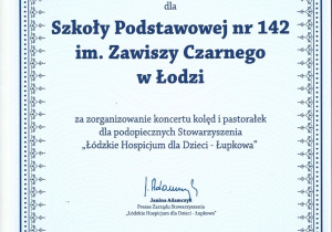 Dyplom dla p. Liliany od dyrekcji Hospicjum